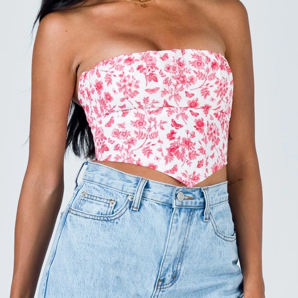 Princess Polly Juliette Bustier Strapless Crop Top Pink Floral Print Size 10